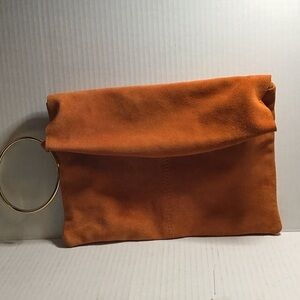 Asso burnt Orange Elegant Suede Clutch with Gold Ring, and zipper for closing